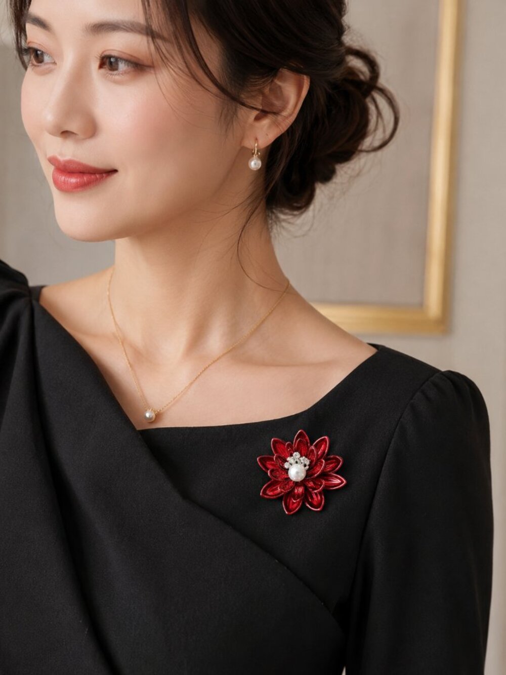Red Flower Brooch Pin Faux Pearl Center Rhinestone Accent Floral Jewelry